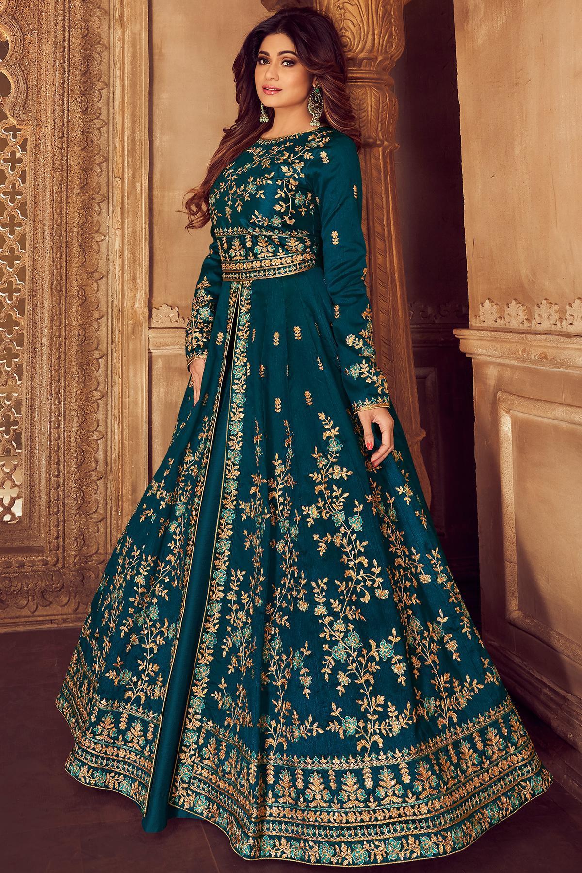 Blue Green Silk Party Wear Anarkali Suit