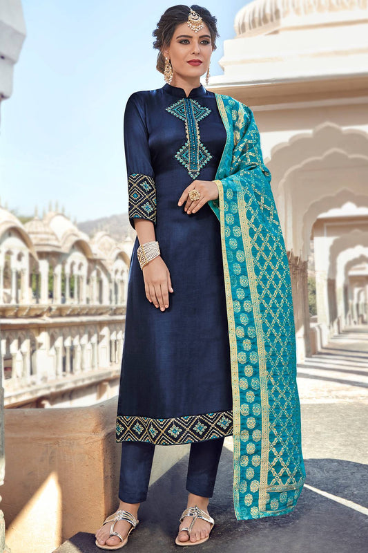Blue Satin Georgette Deesigner Straight Suit