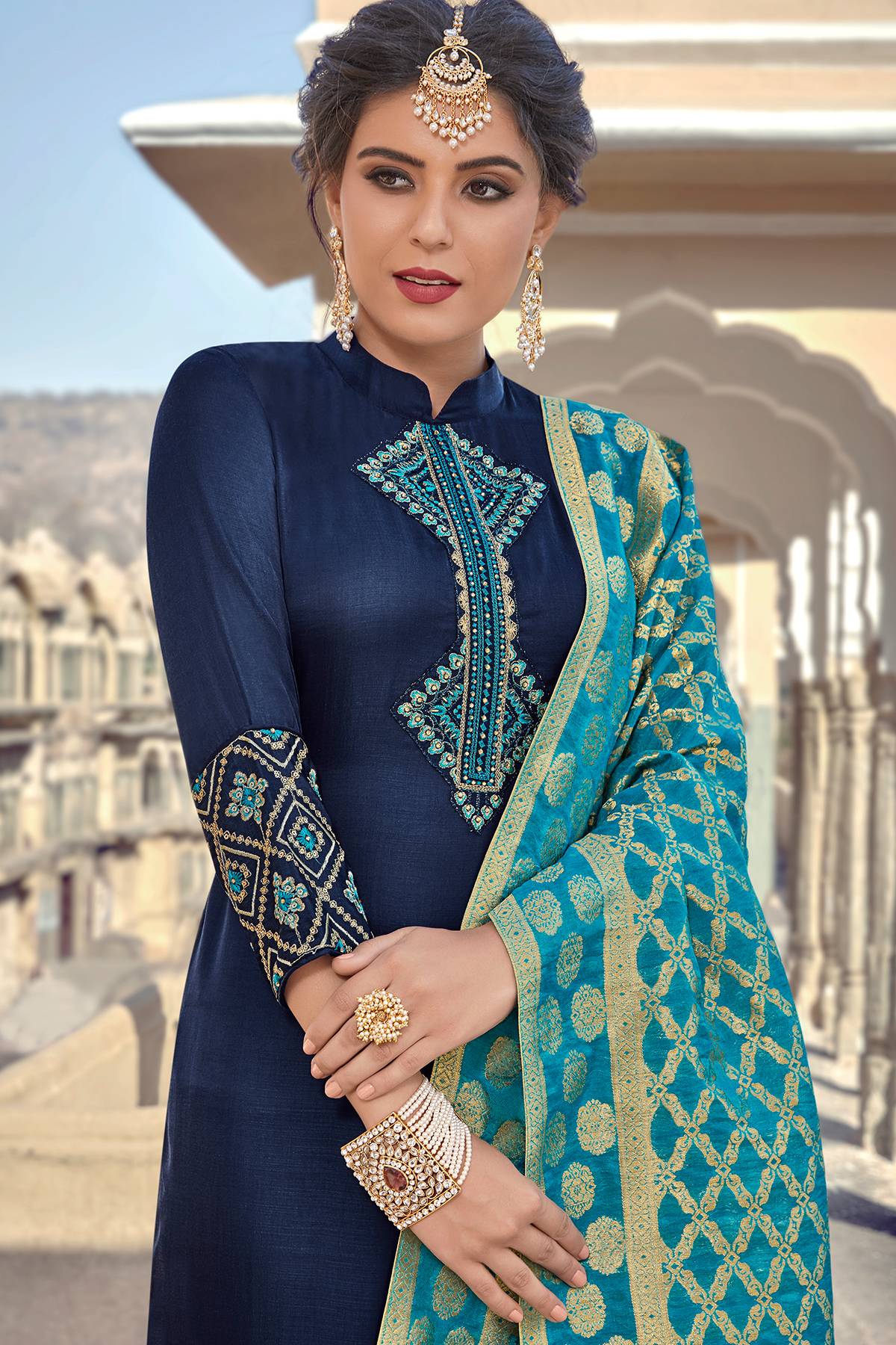 Blue Satin Georgette Deesigner Straight Suit