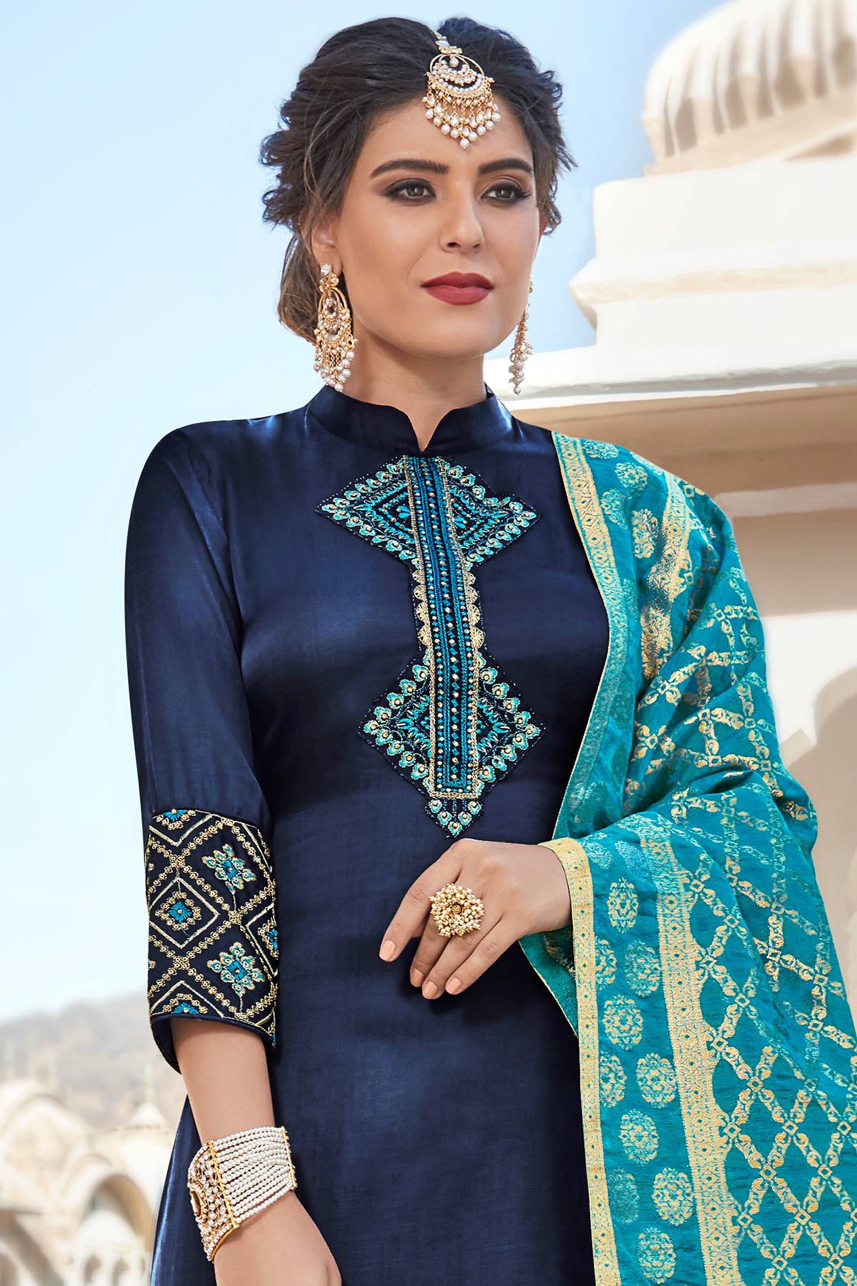 Blue Satin Georgette Deesigner Straight Suit