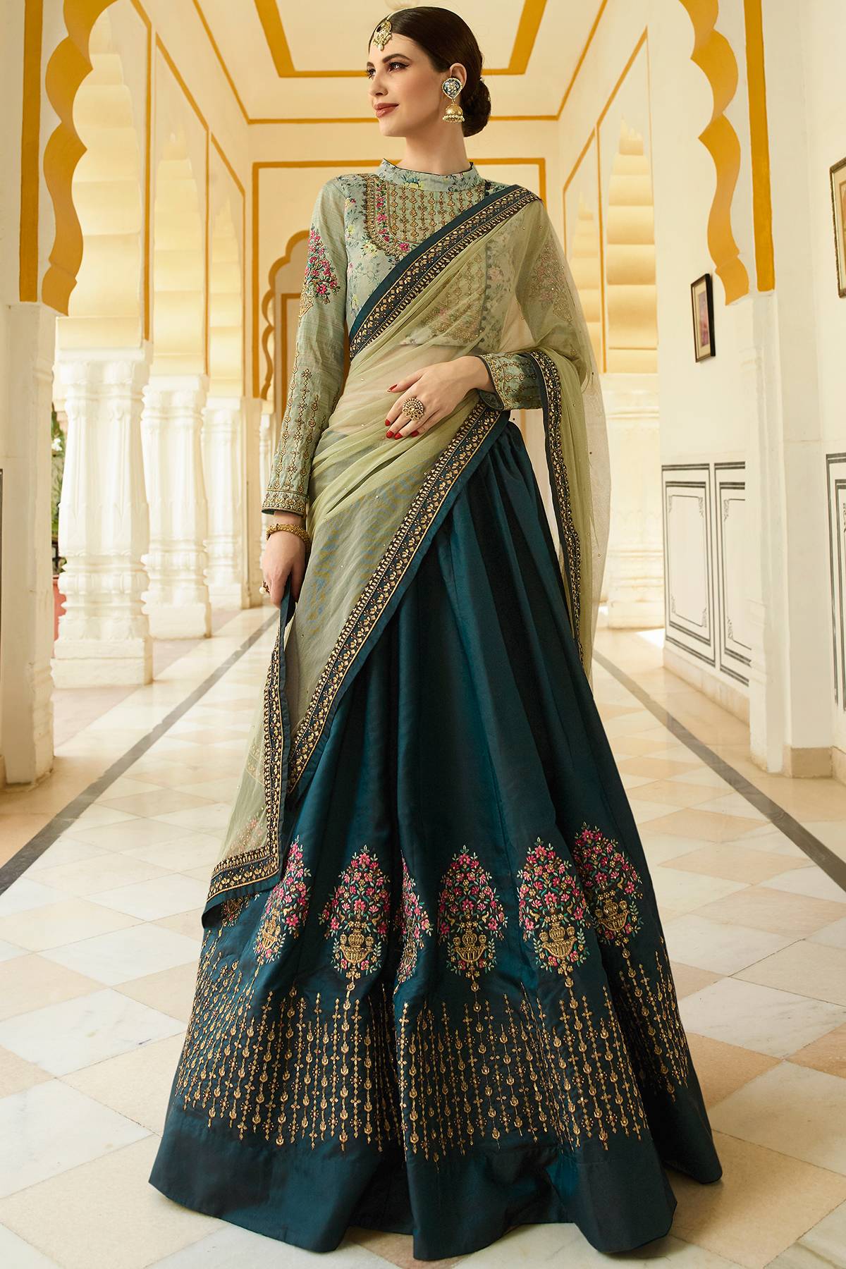 Bottel and Mint Green Designer Silk Lehenga Choli