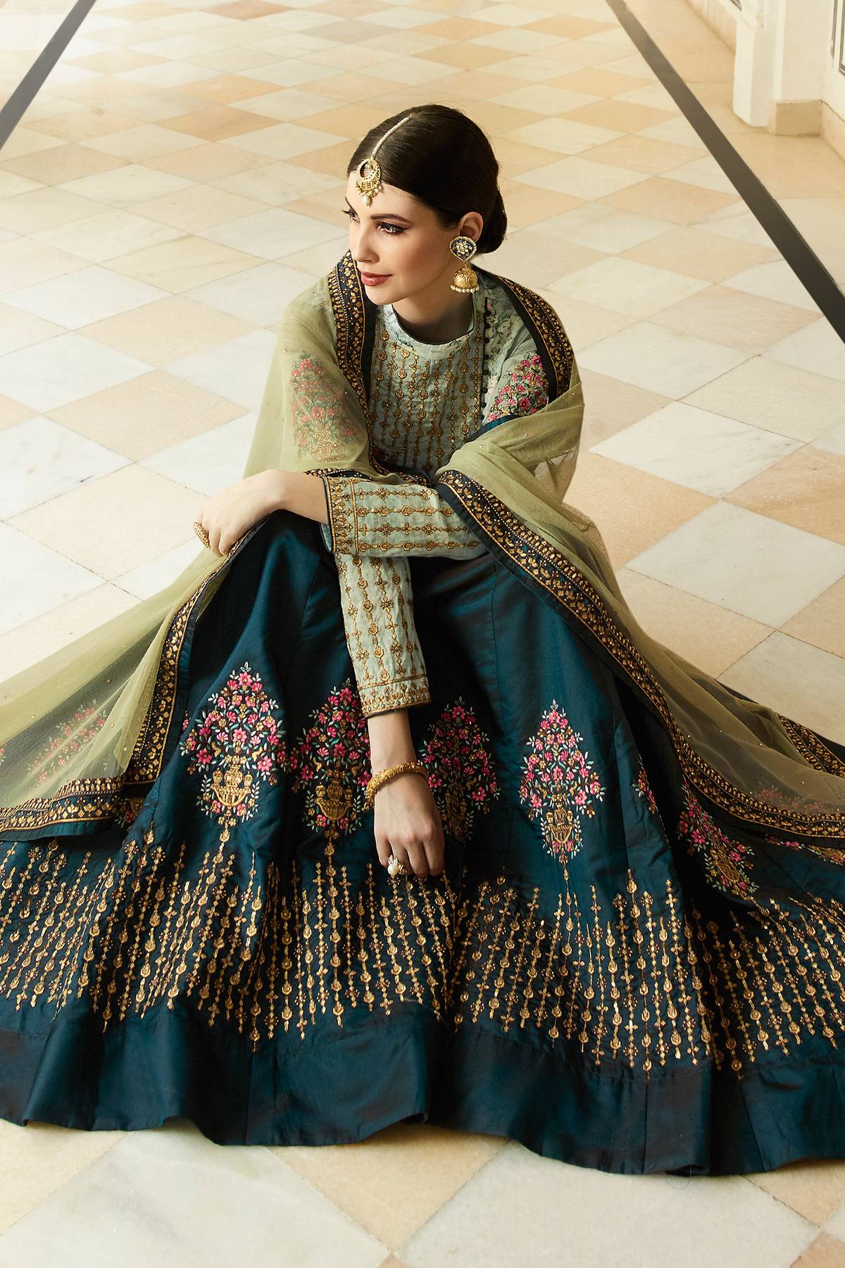 Bottel and Mint Green Designer Silk Lehenga Choli