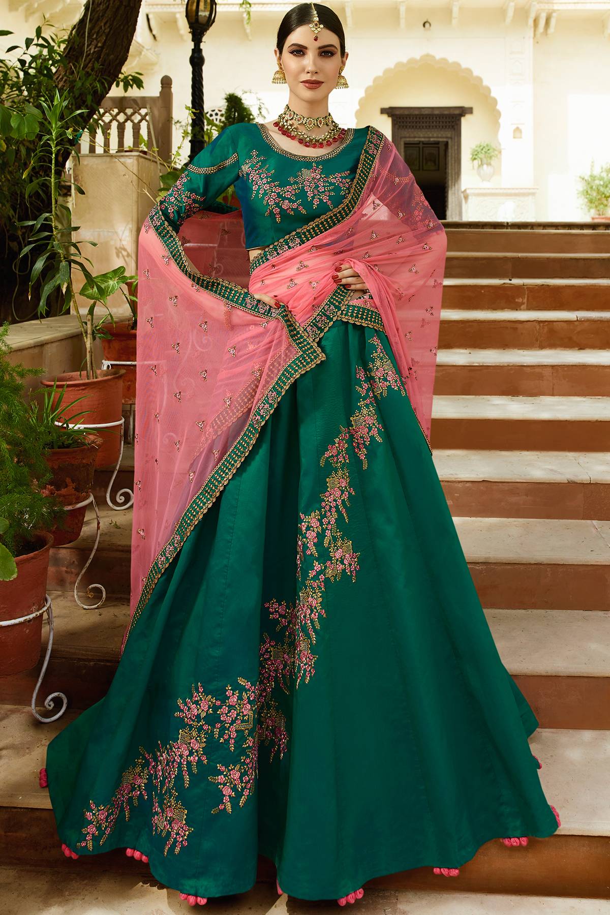 Bottle Green and Pink Designer Silk Lehenga Choli