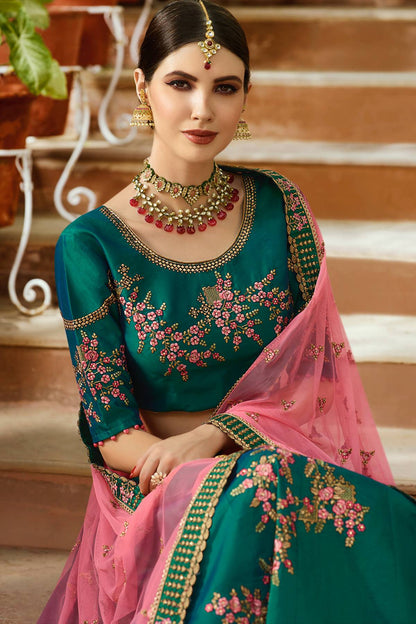 Bottle Green and Pink Designer Silk Lehenga Choli
