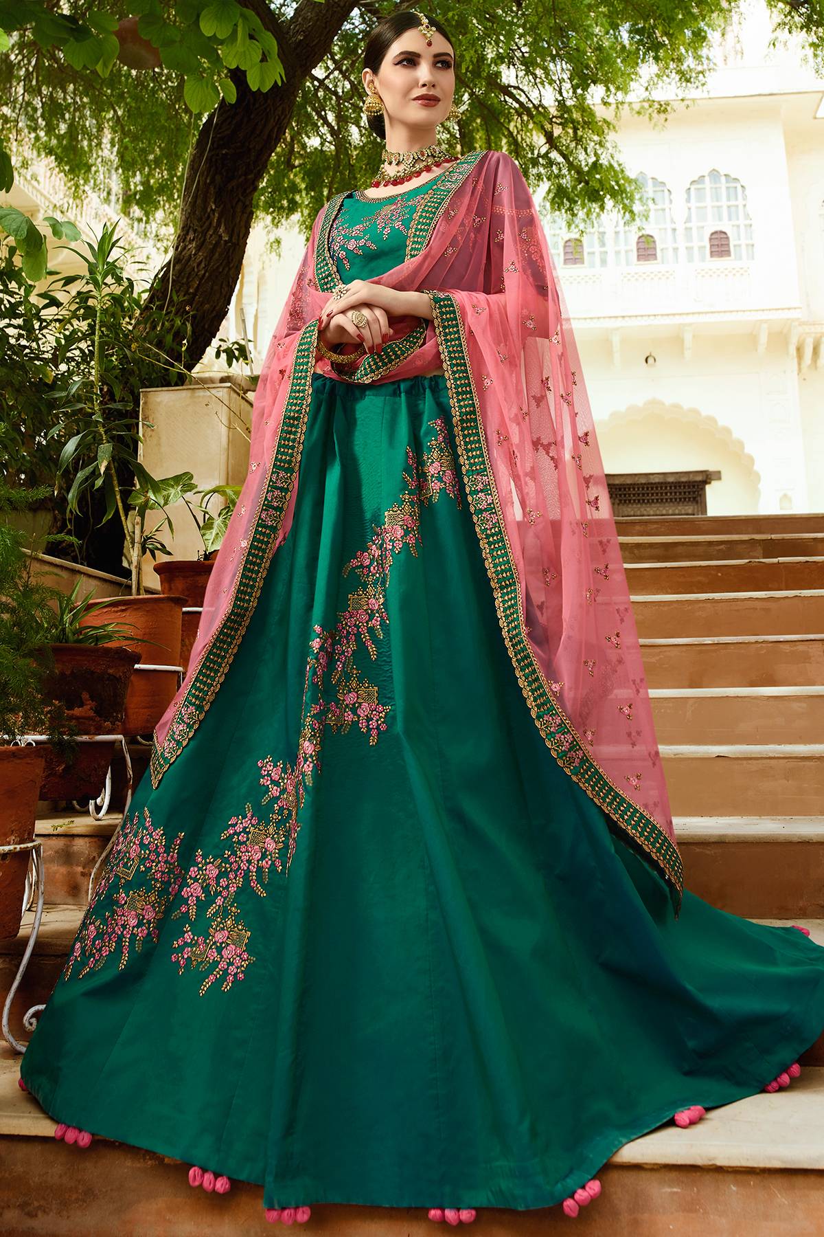 Bottle Green and Pink Designer Silk Lehenga Choli