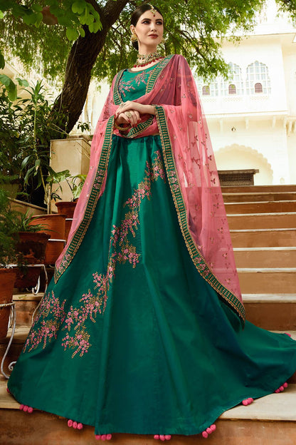 Bottle Green and Pink Designer Silk Lehenga Choli