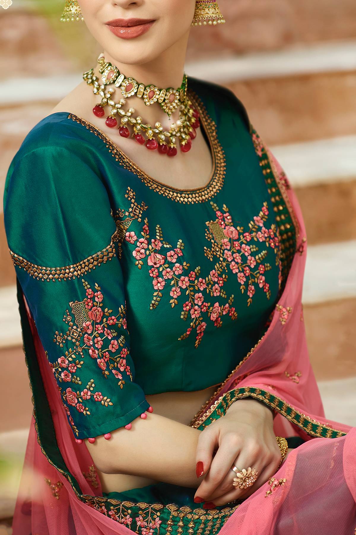 Bottle Green and Pink Designer Silk Lehenga Choli