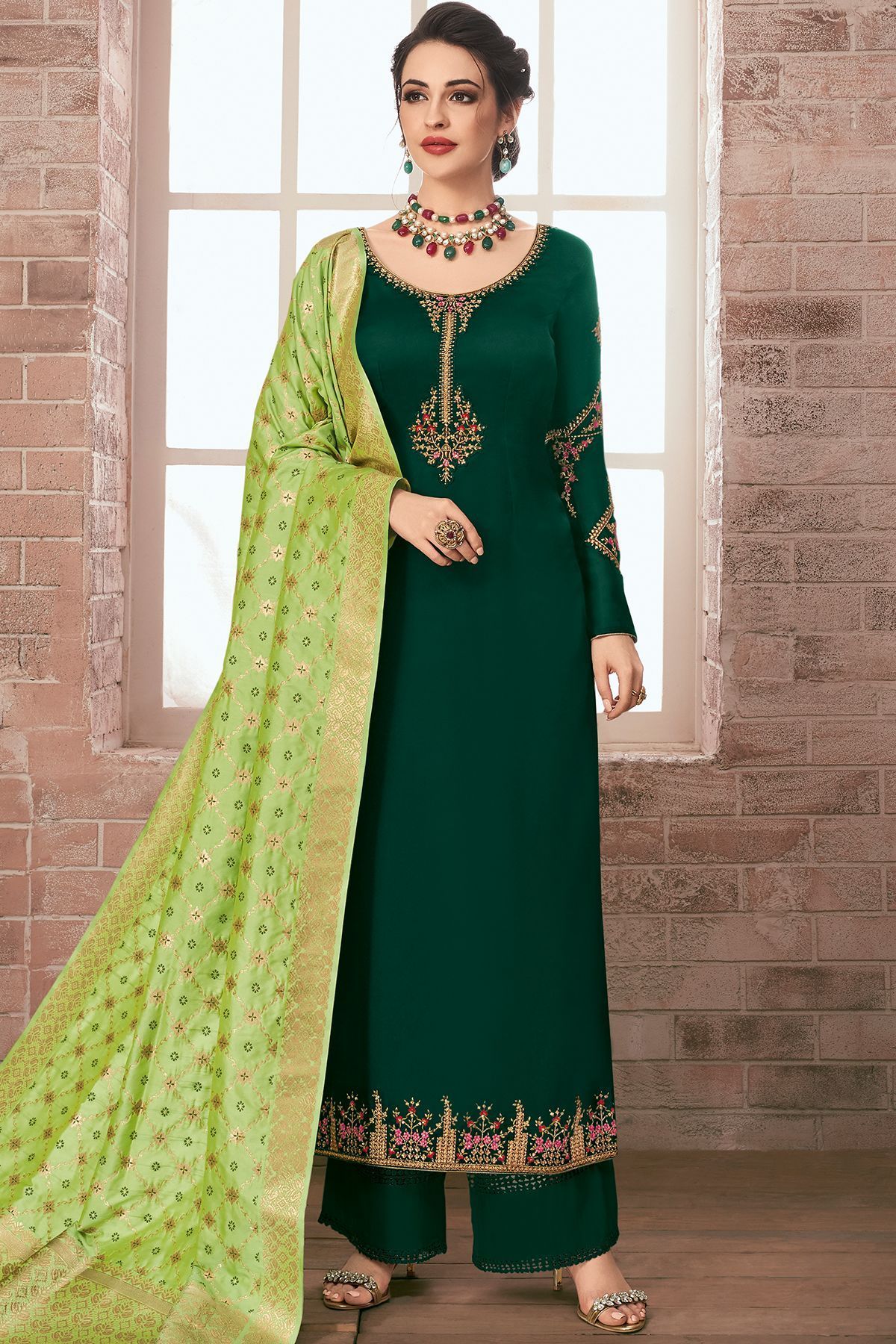 Bottle Green Embroidered Georgette Straight Suit