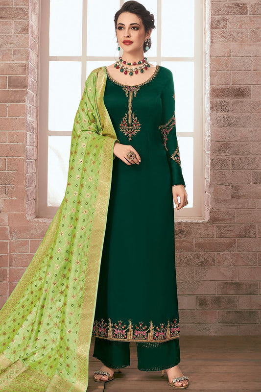 Bottle Green Embroidered Georgette Straight Suit