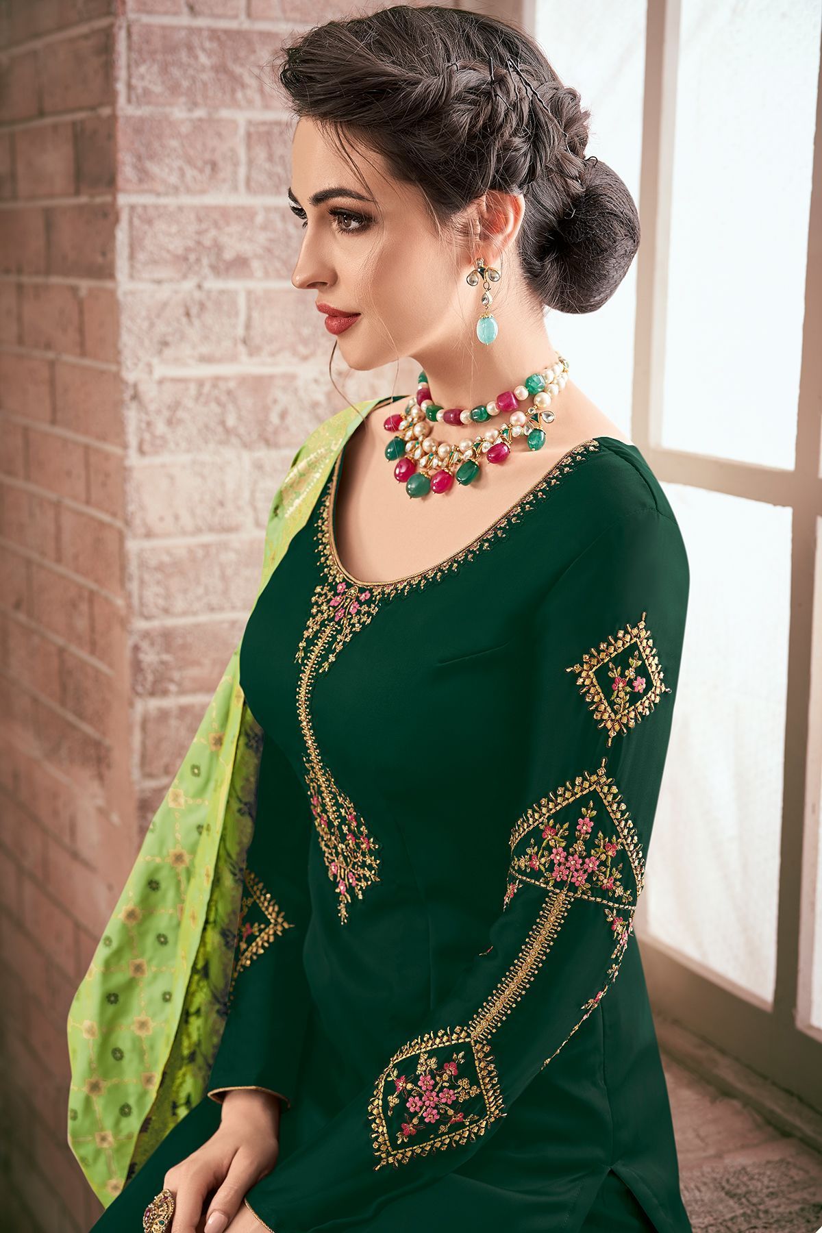 Bottle Green Embroidered Georgette Straight Suit