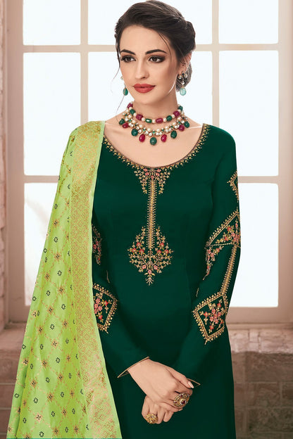 Bottle Green Embroidered Georgette Straight Suit