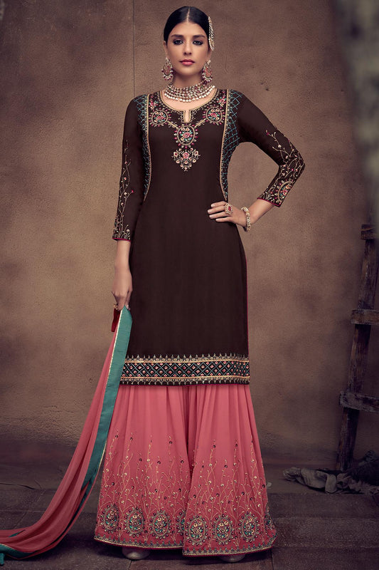 Brown And Pink Designer Palazzo Suit