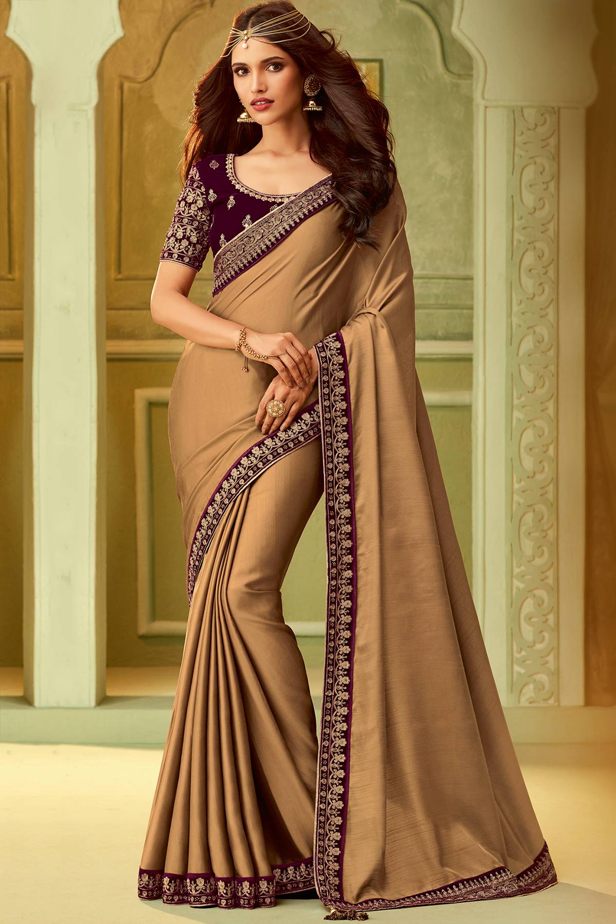 Brown And Wine Designer Silk Sari