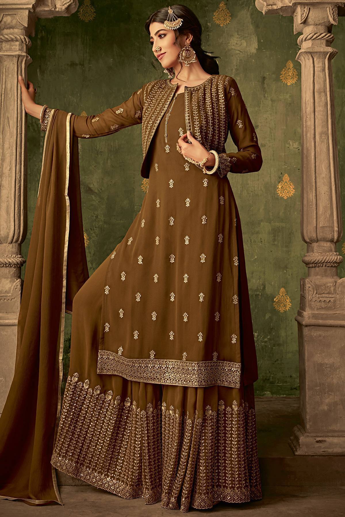 Brown Designer Sharara Suit With Koti