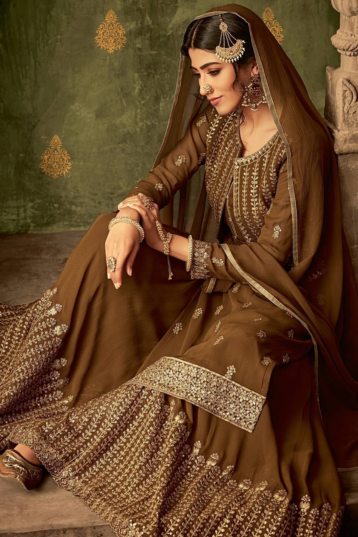 Brown Designer Sharara Suit With Koti