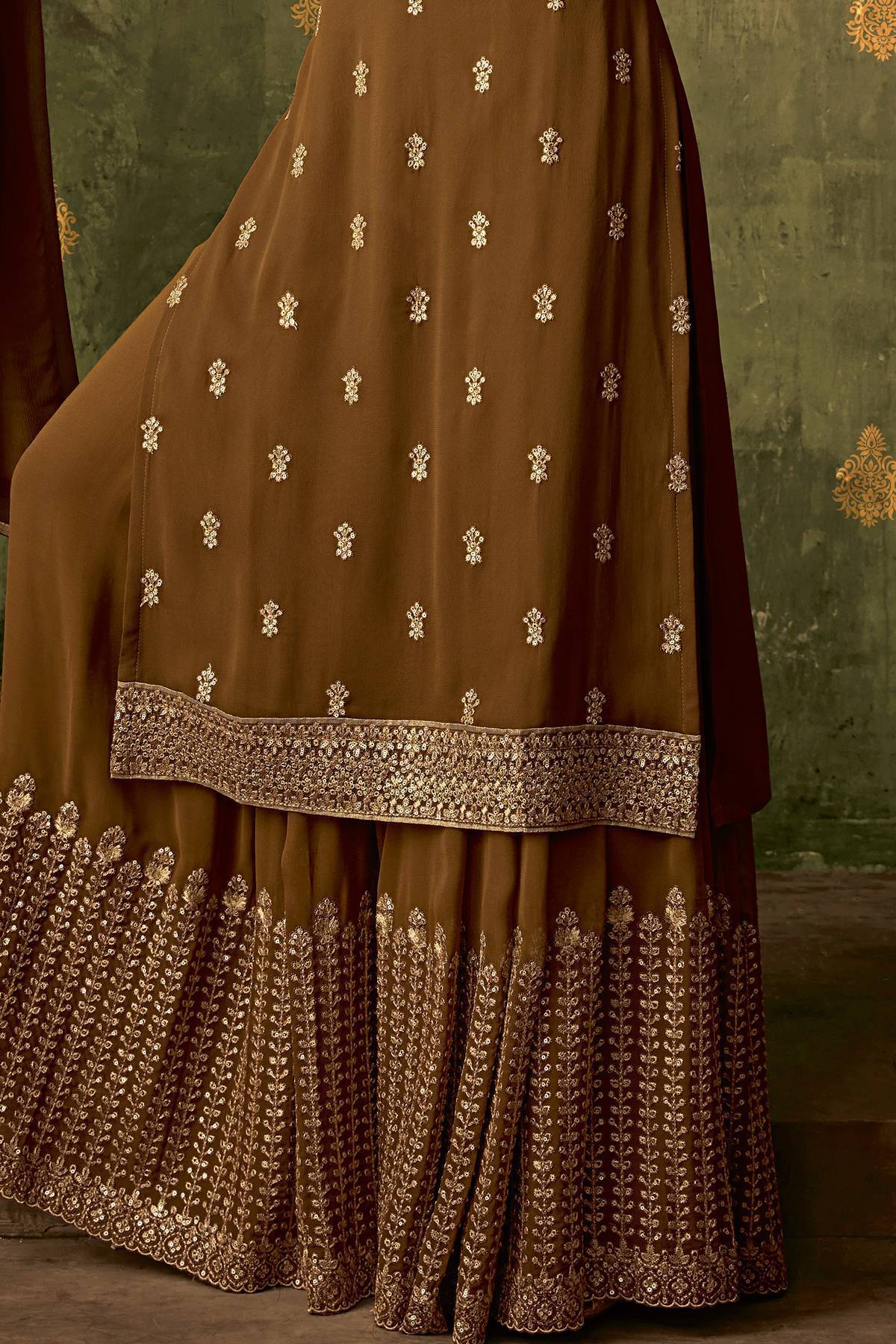Brown Designer Sharara Suit With Koti