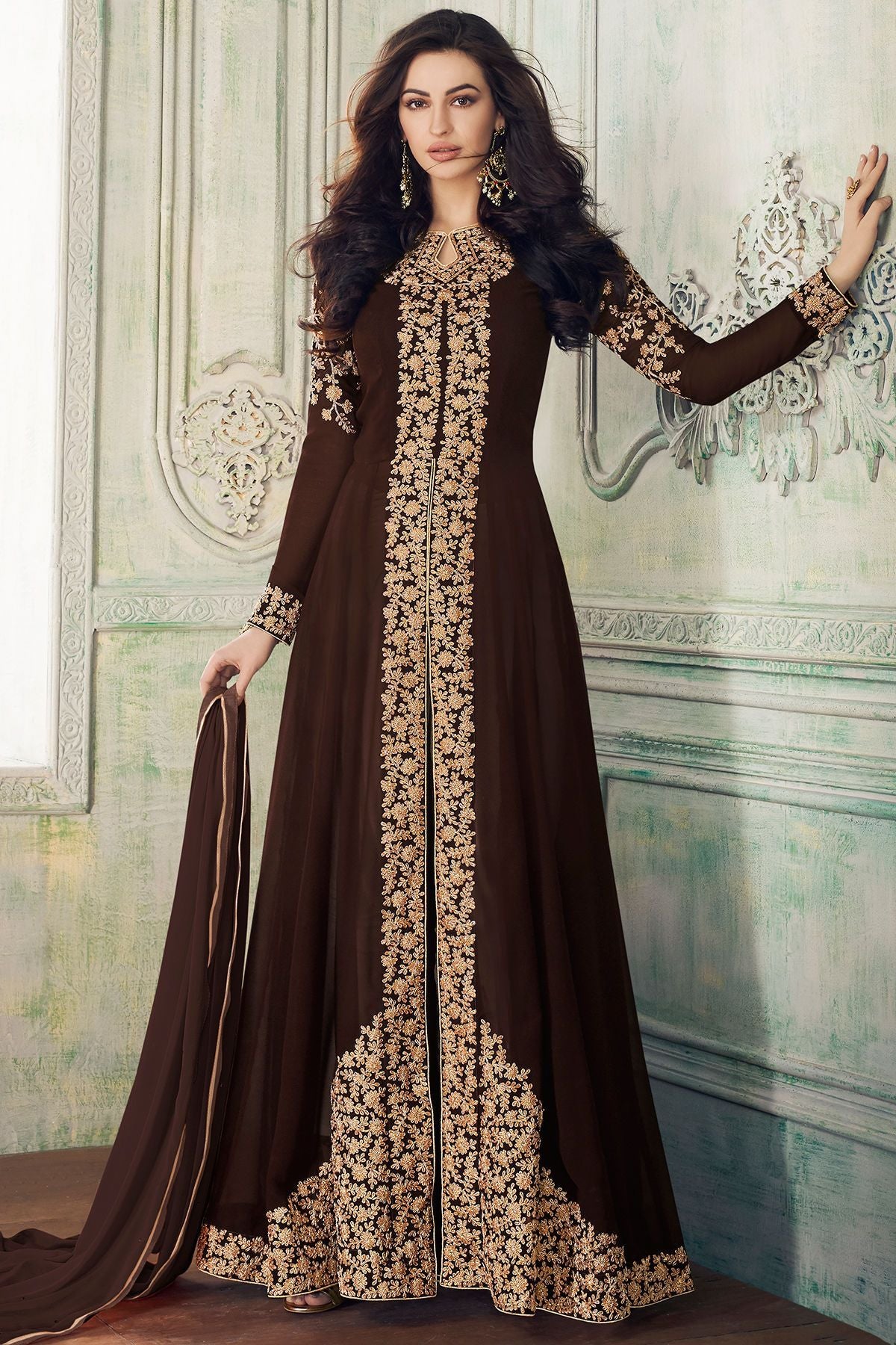 Brown Embroidered Slit Cut Anarkali Suit