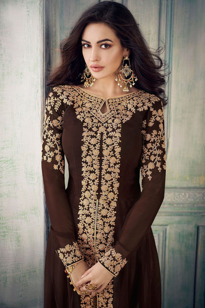 Brown Embroidered Slit Cut Anarkali Suit