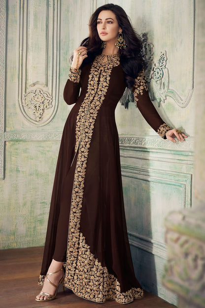 Brown Embroidered Slit Cut Anarkali Suit