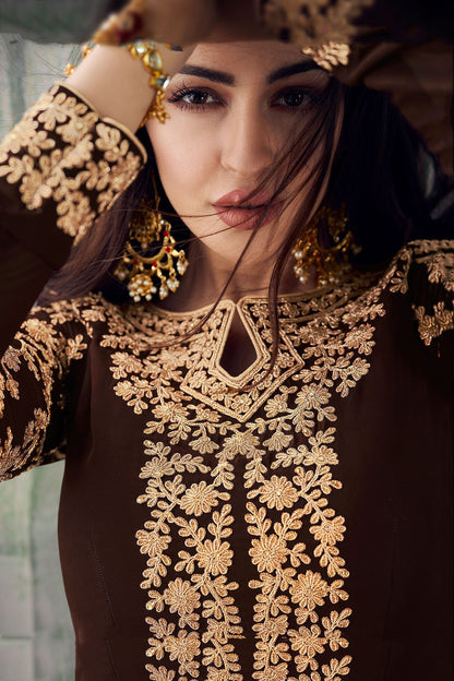 Brown Embroidered Slit Cut Anarkali Suit