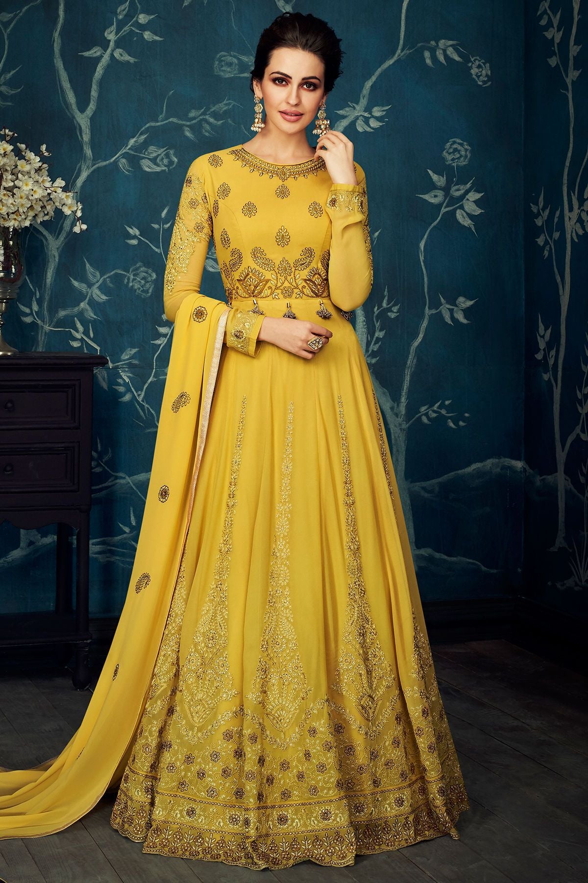 Canary Yellow Embroidered Party Wear Anarkali Suit