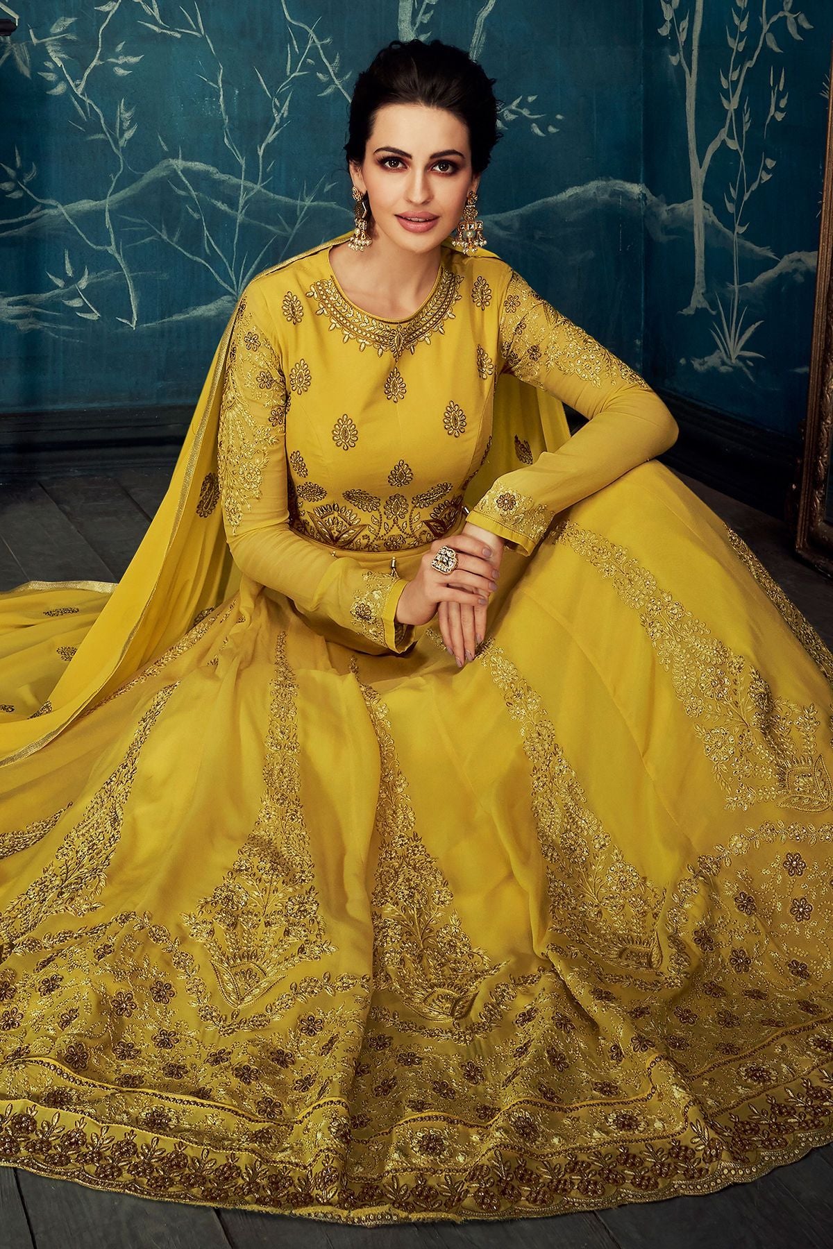 Canary Yellow Embroidered Party Wear Anarkali Suit