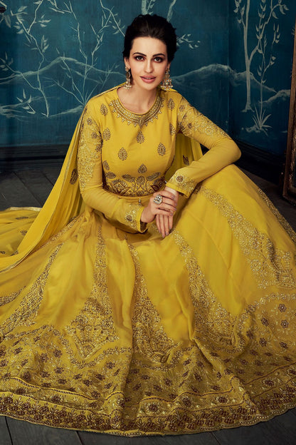 Canary Yellow Embroidered Party Wear Anarkali Suit