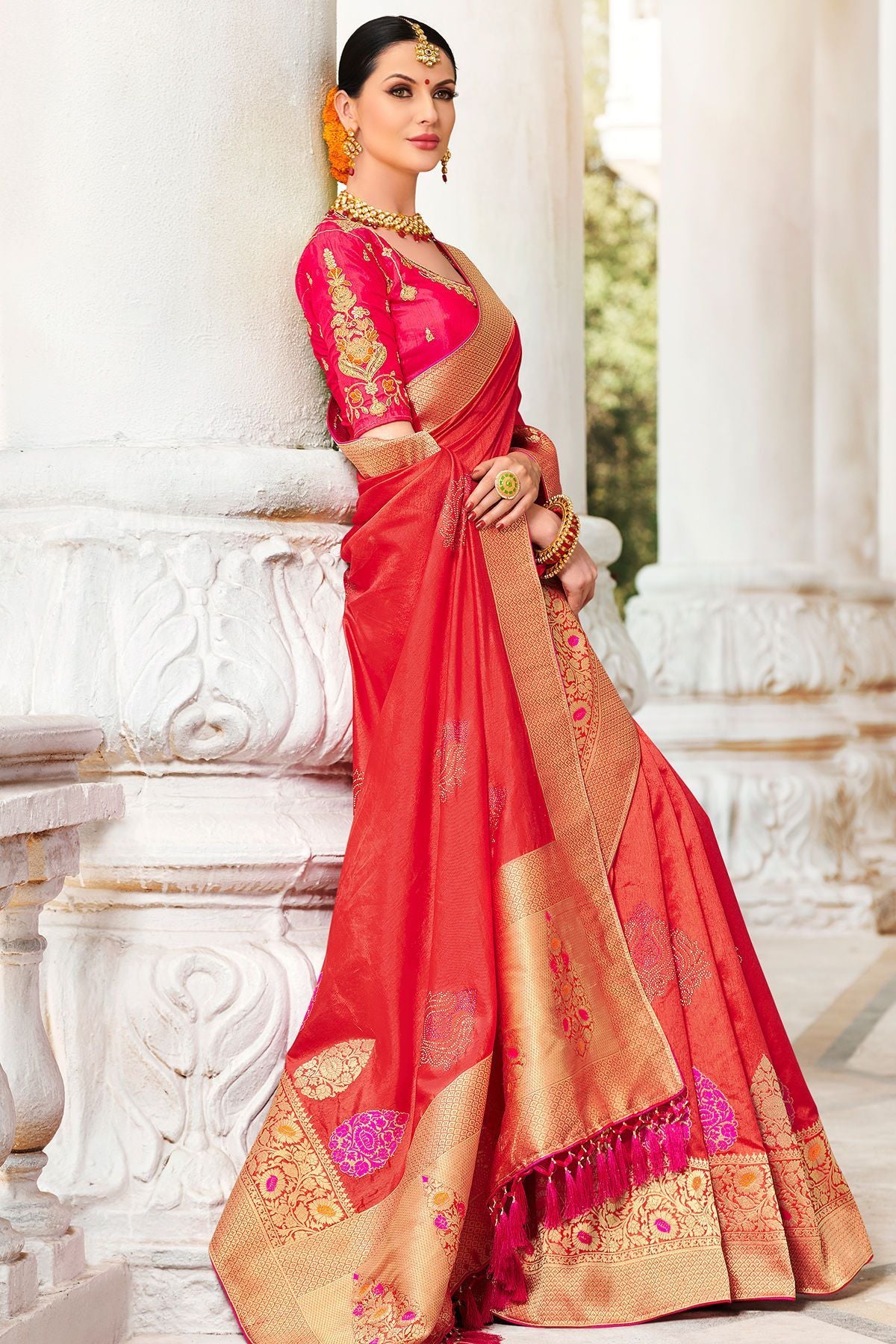 Candy Red Designer Fancy Fabric Sari