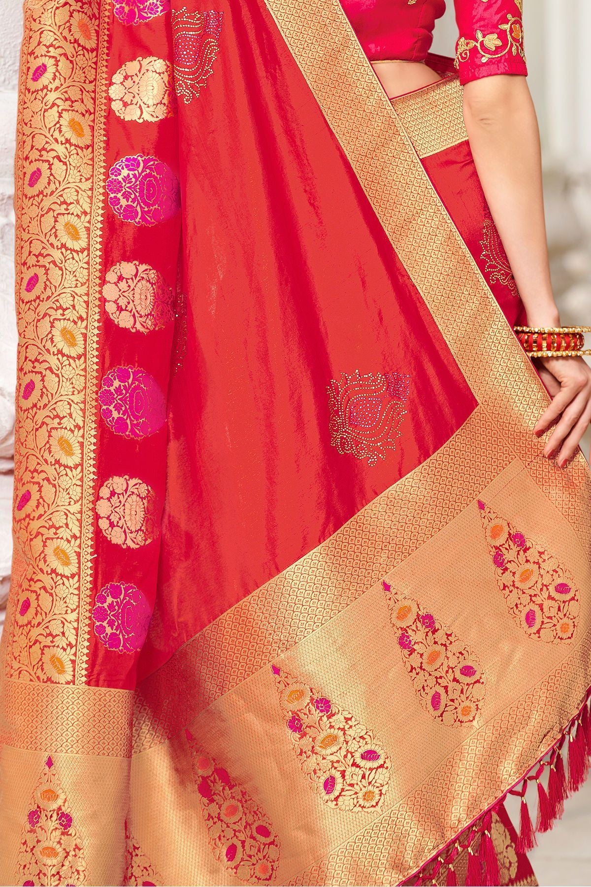 Candy Red Designer Fancy Fabric Sari