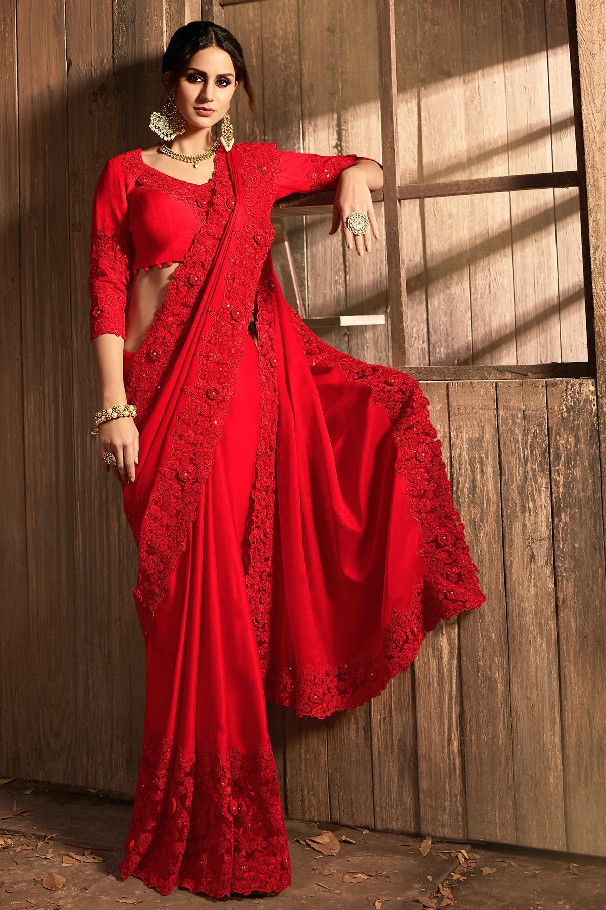 Candy Red Designer Party Wear Silk Sari