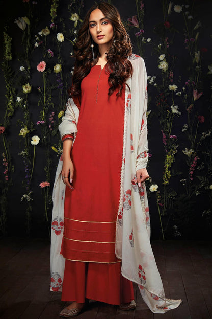 Candy Red Printed Cotton Palazzo Suit