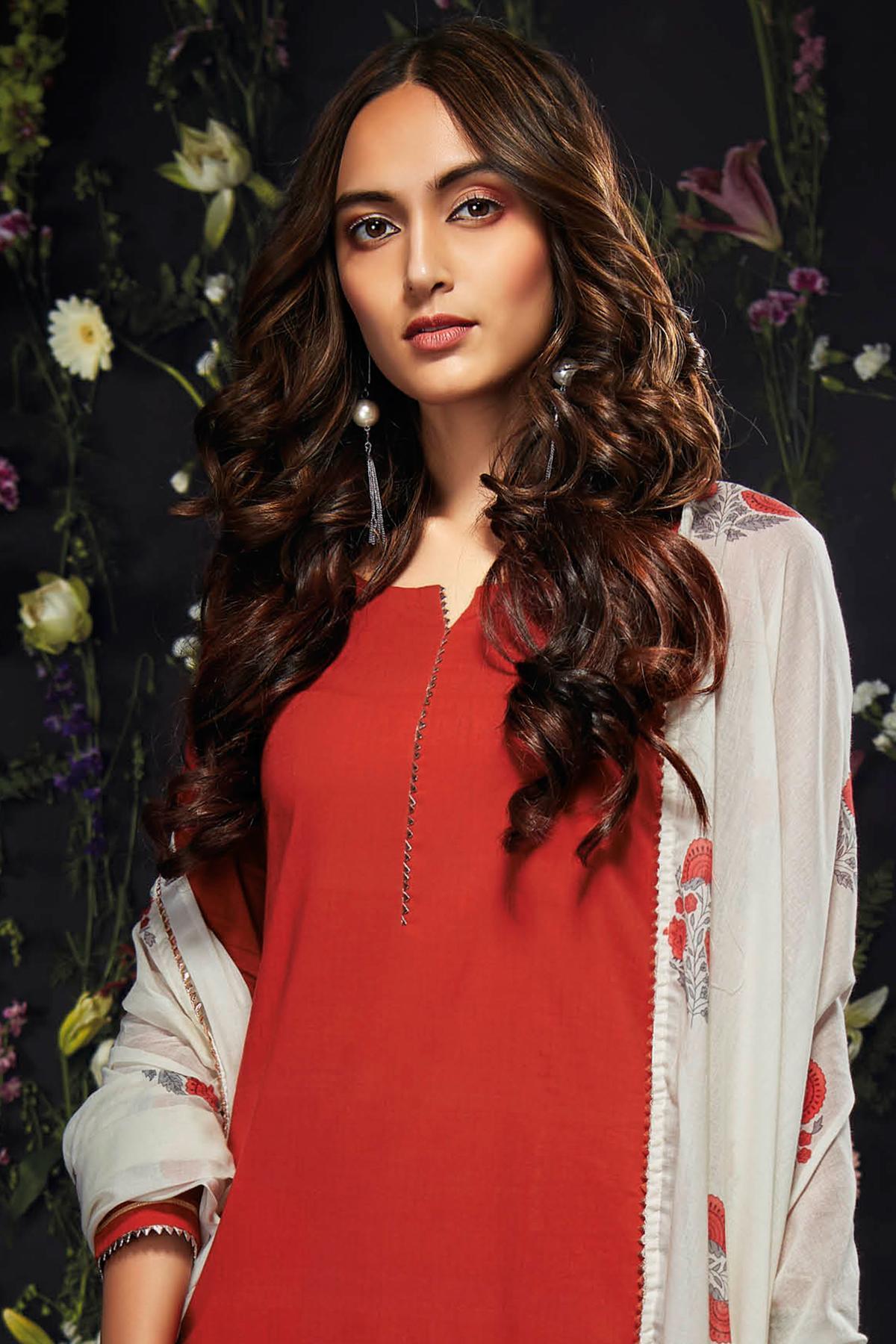 Candy Red Printed Cotton Palazzo Suit