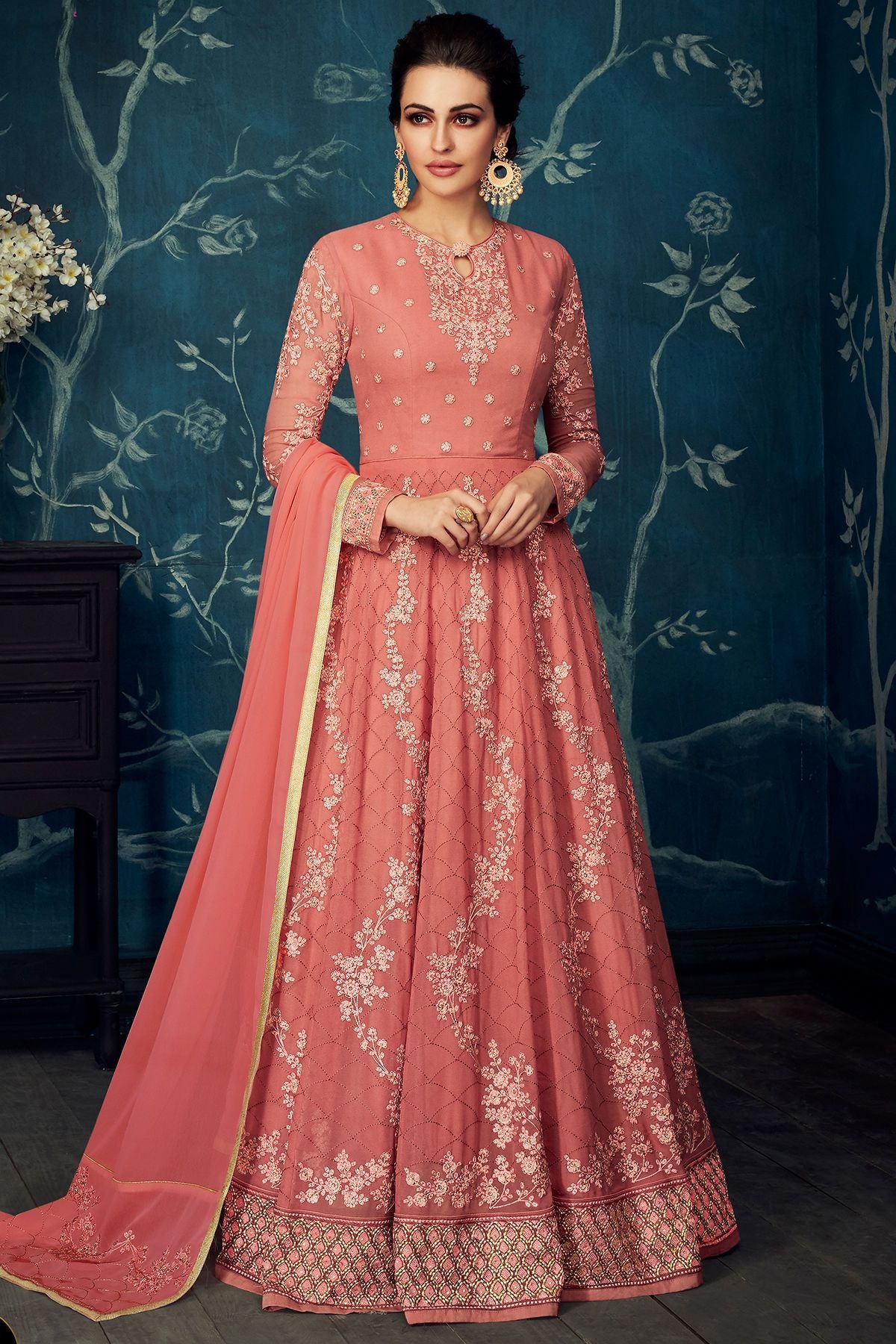 Carrot Embroidered Party Wear Anarkali Suit