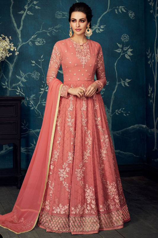Carrot Embroidered Party Wear Anarkali Suit