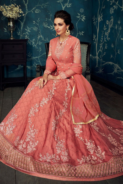 Carrot Embroidered Party Wear Anarkali Suit