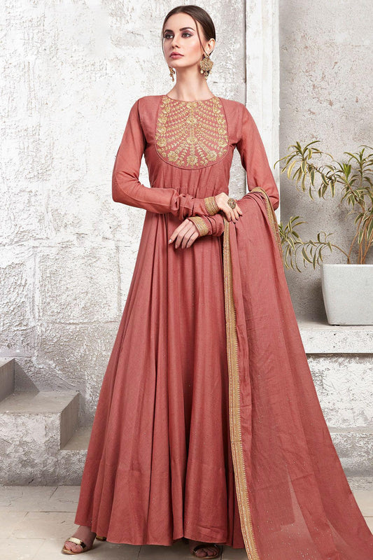 Carrot Pink Designer Cotton Maslin Gown