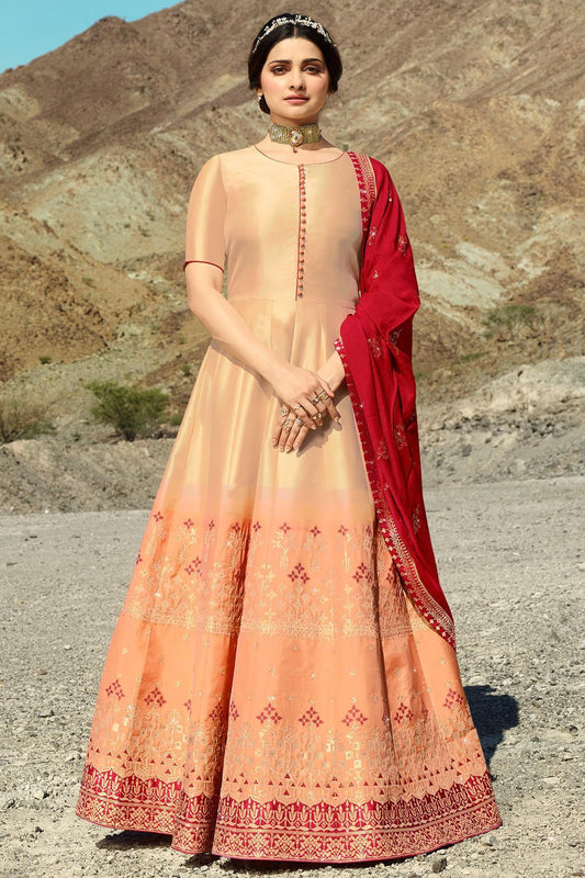 Cream and Peach Embroidered Designer Anarkali Suit