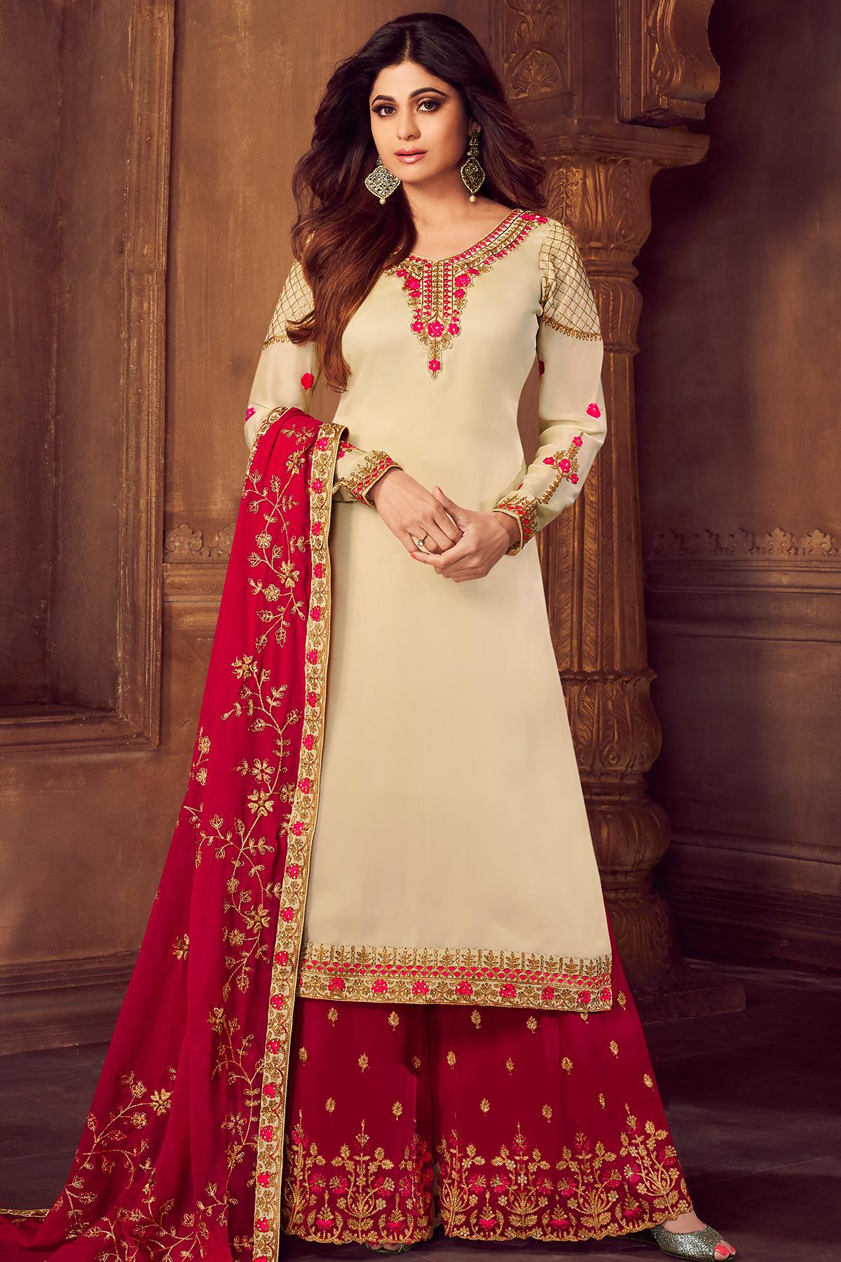 Cream And Red Designer Sharara Suit