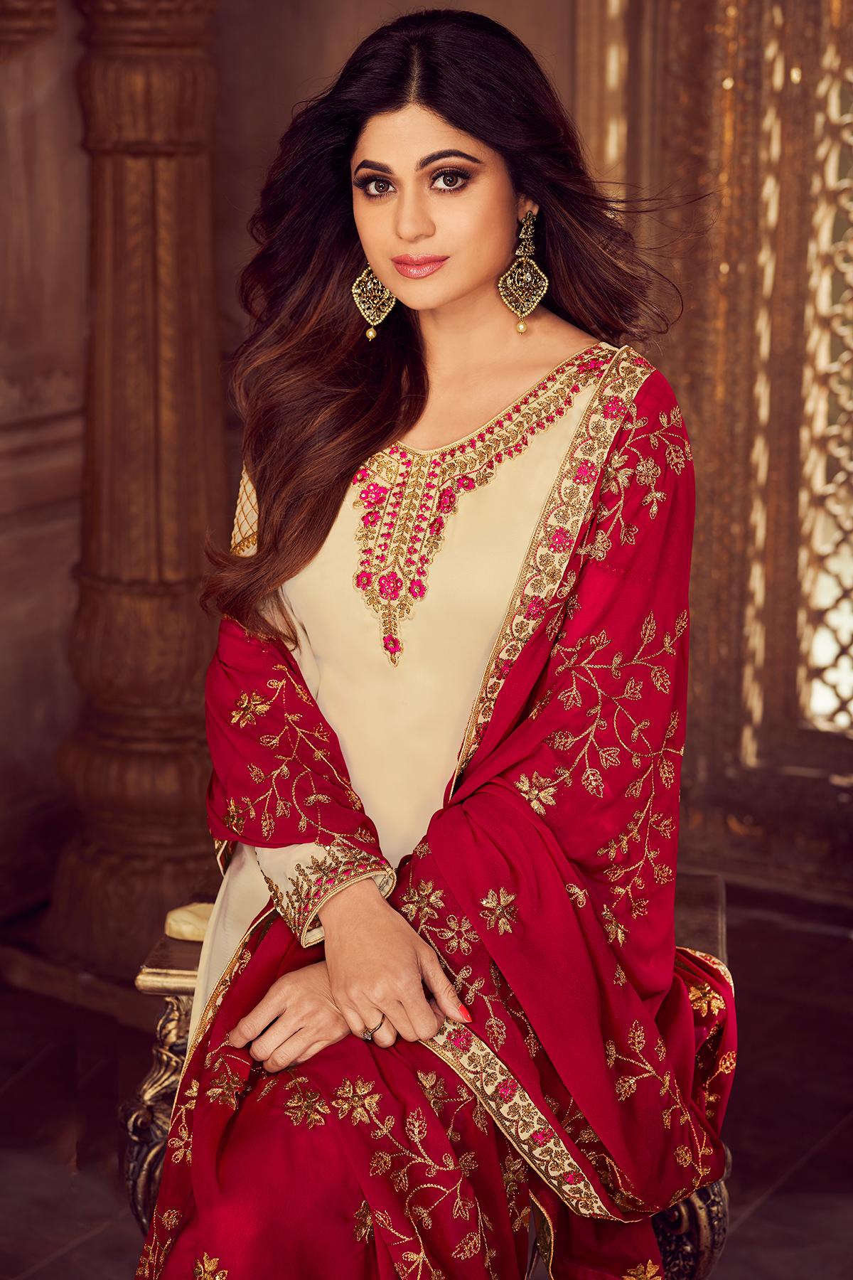 Cream And Red Designer Sharara Suit