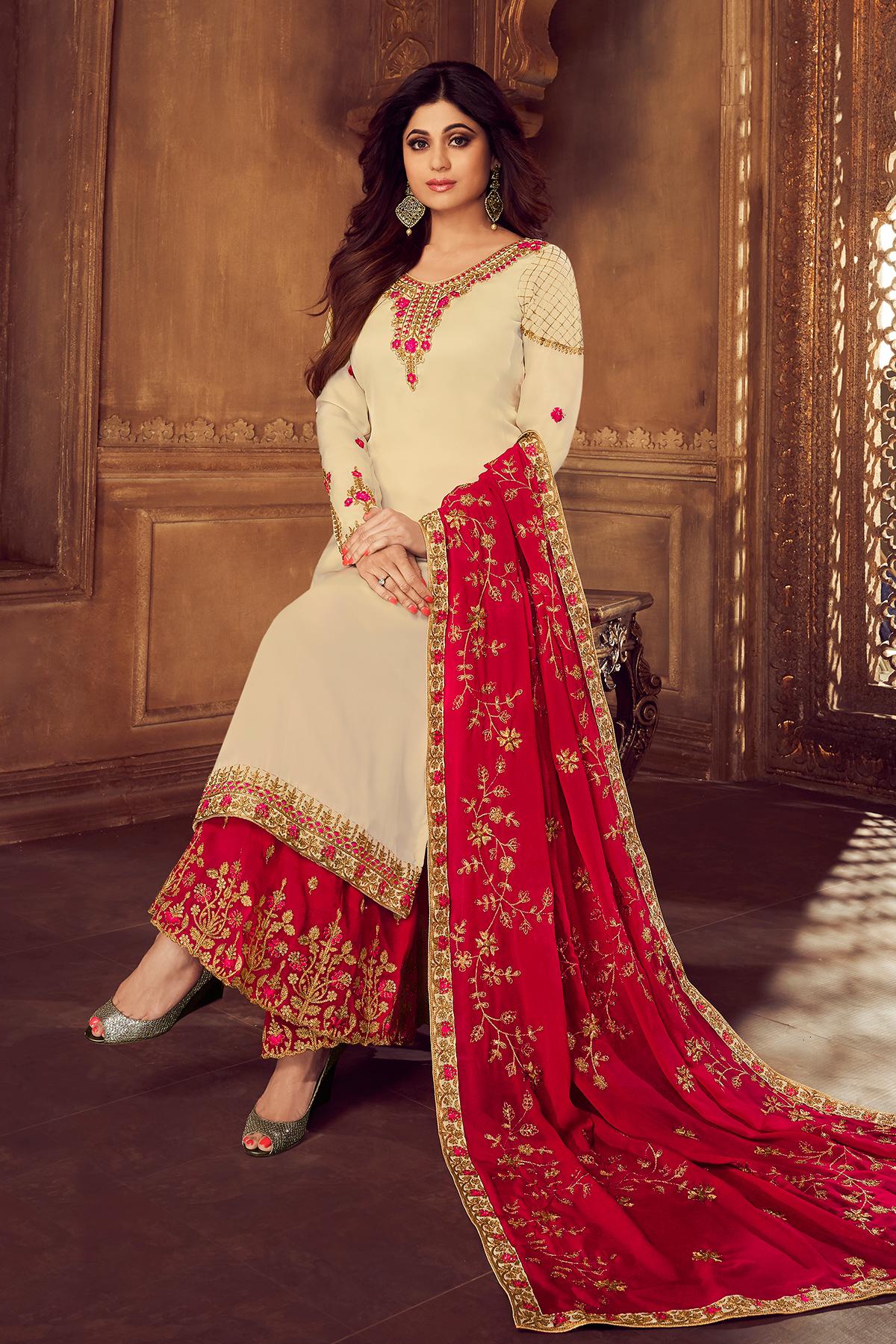 Cream And Red Designer Sharara Suit