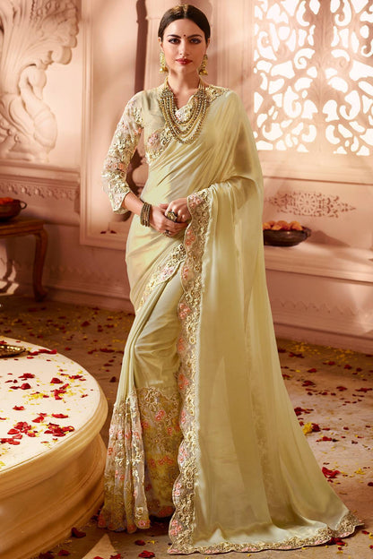 Cream Designer Bridal Silk Sari