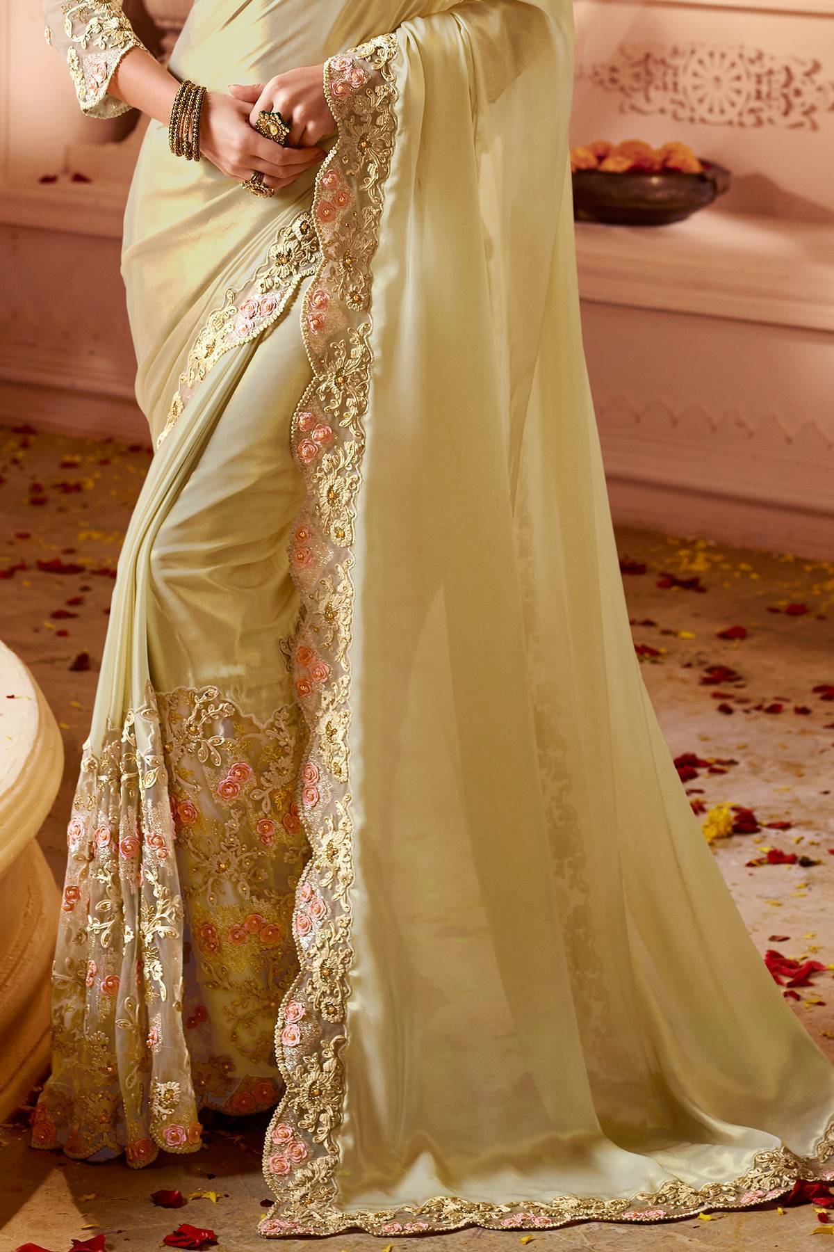 Cream Designer Bridal Silk Sari