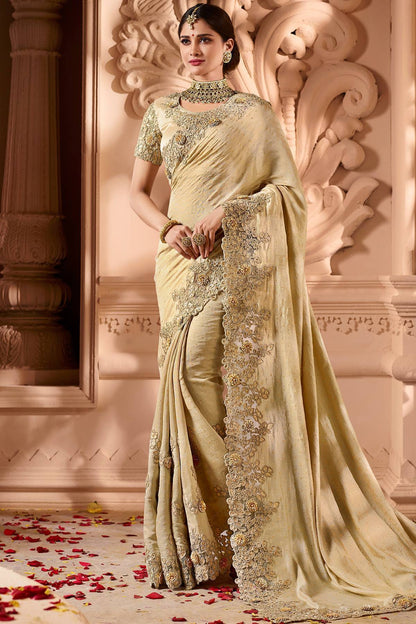 Cream Designer Embroidered Bridal Silk Sari