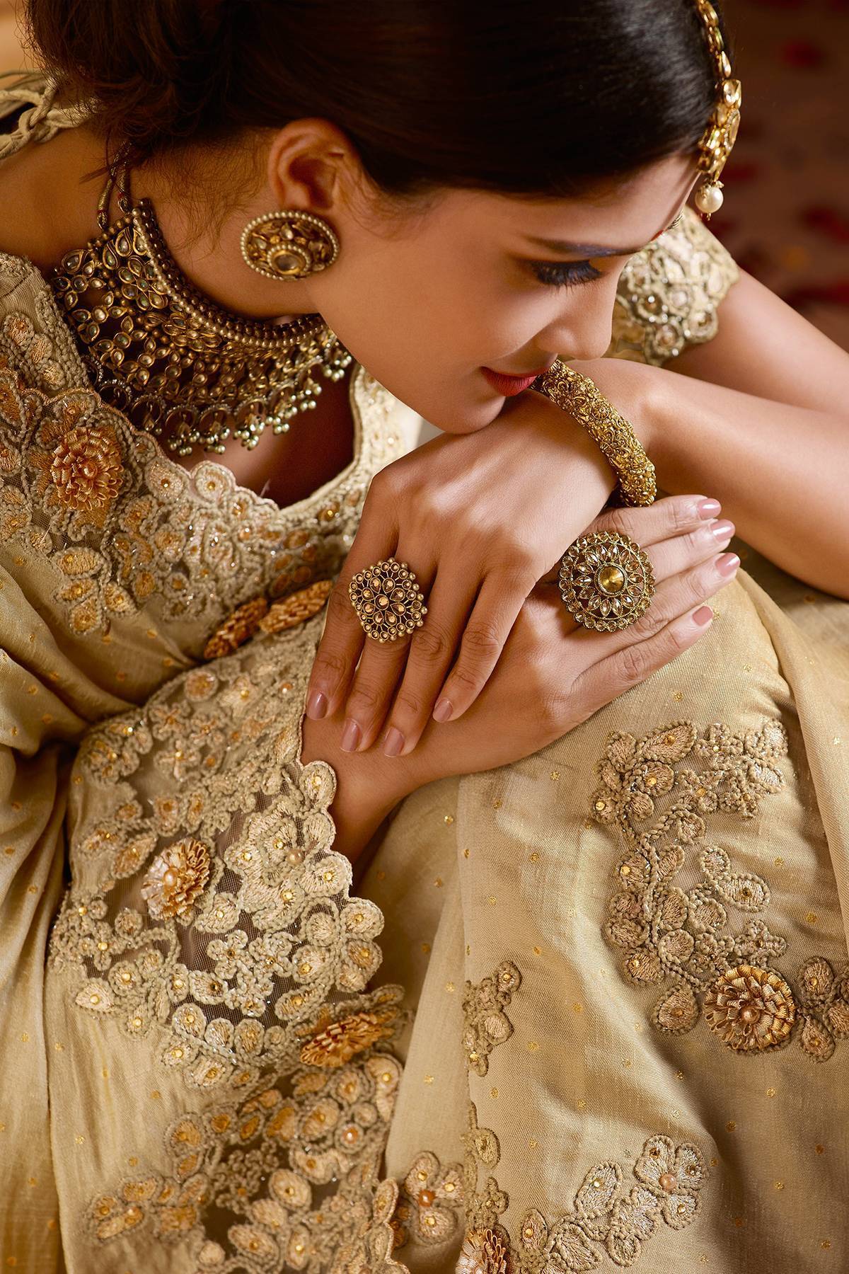 Cream Designer Embroidered Bridal Silk Sari
