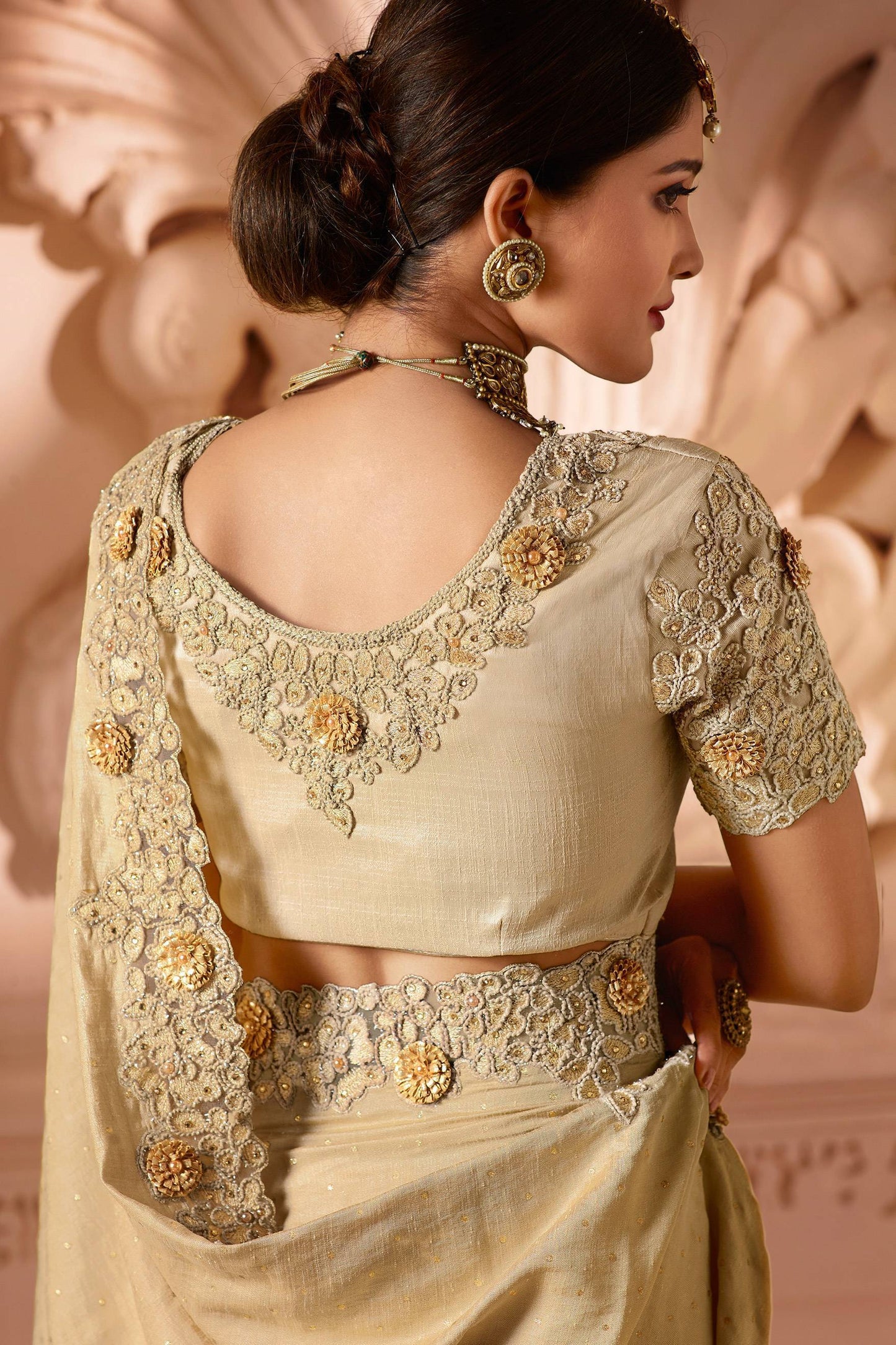 Cream Designer Embroidered Bridal Silk Sari