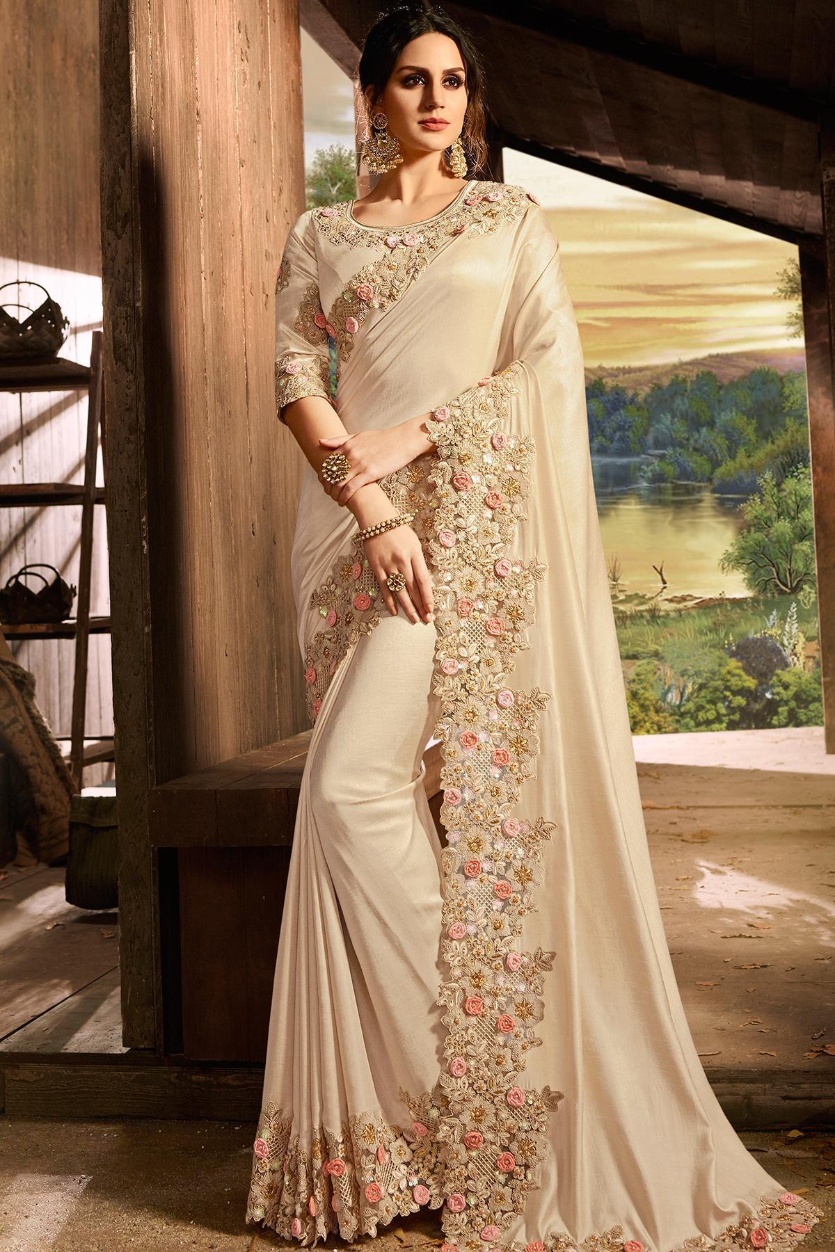 Cream Designer Party Wear Silk Sari