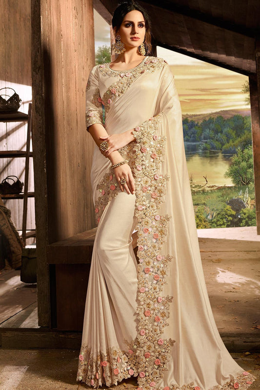 Cream Designer Party Wear Silk Sari