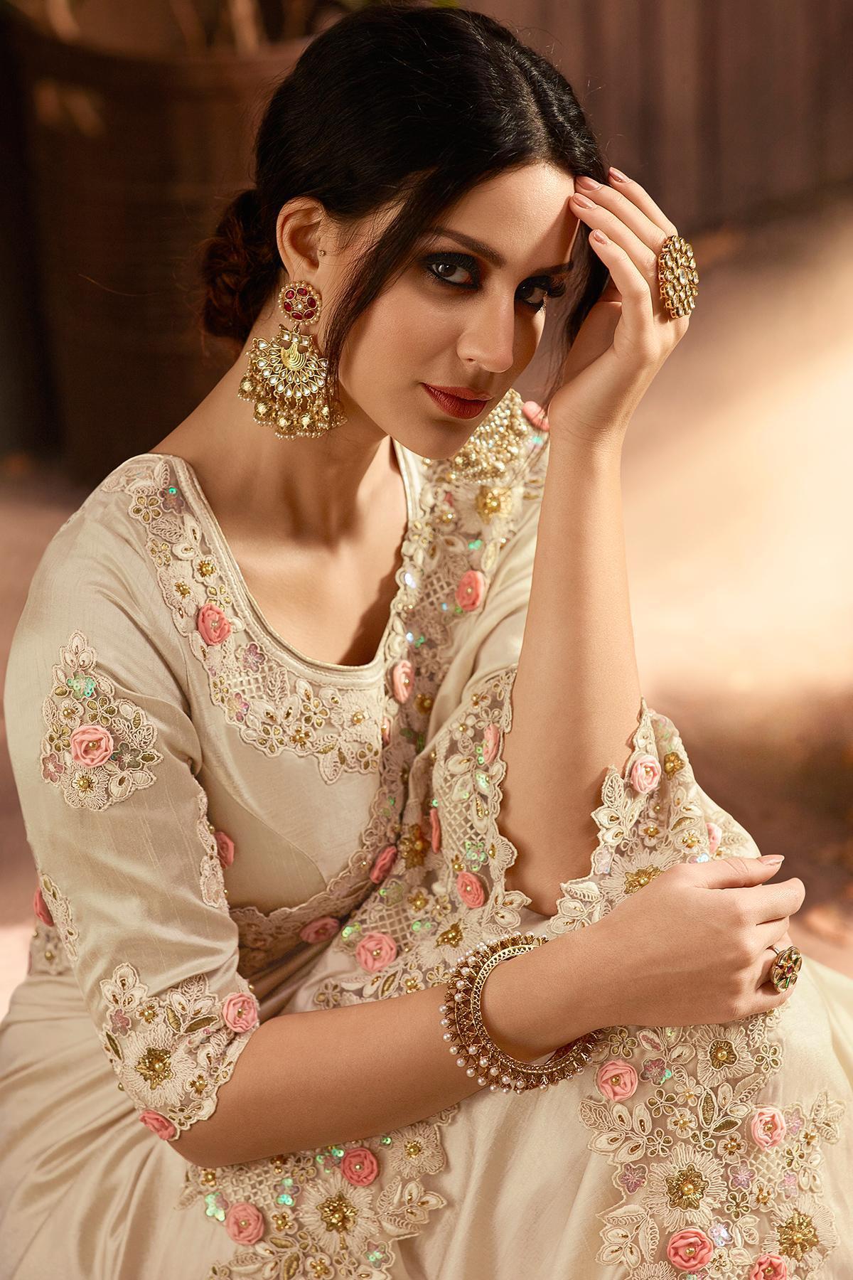 Cream Designer Party Wear Silk Sari