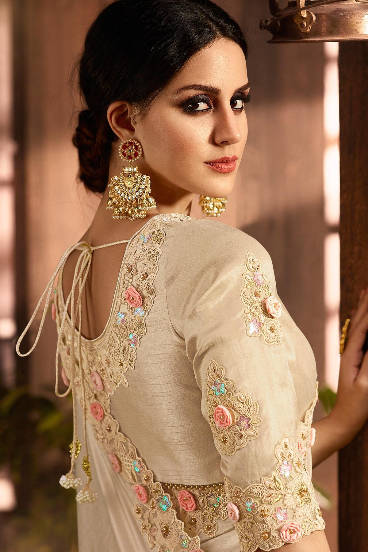 Cream Designer Party Wear Silk Sari