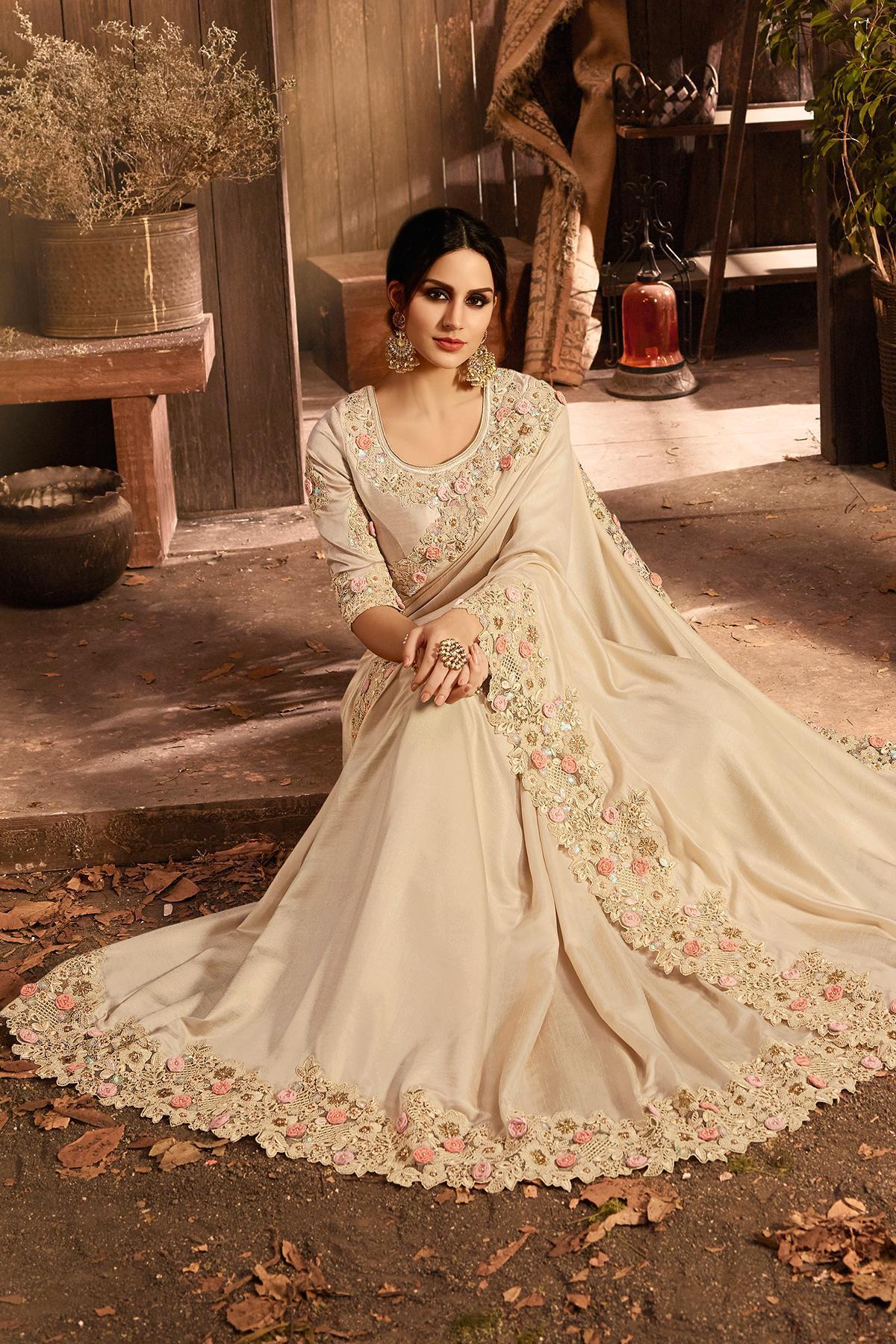 Cream Designer Party Wear Silk Sari